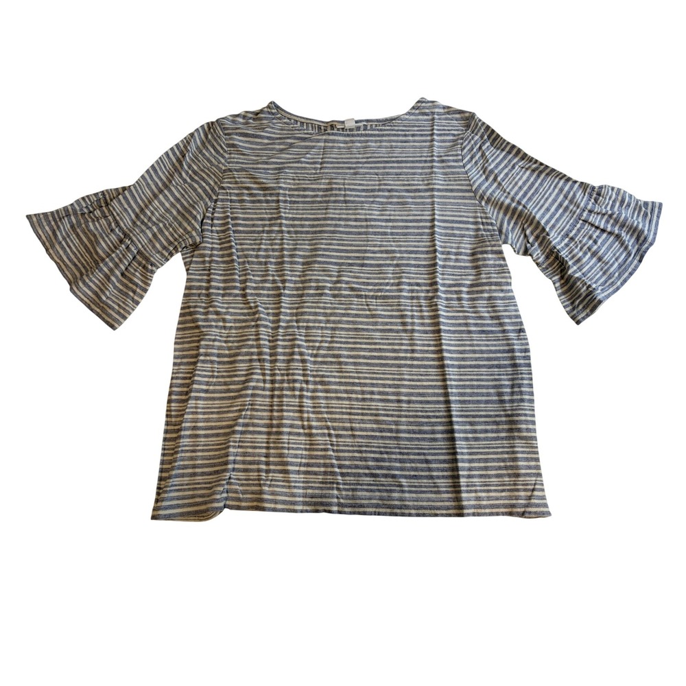 J. Jill Blue White Striped Ruffle Sleeve Knit Top XL Crochet Back Detail